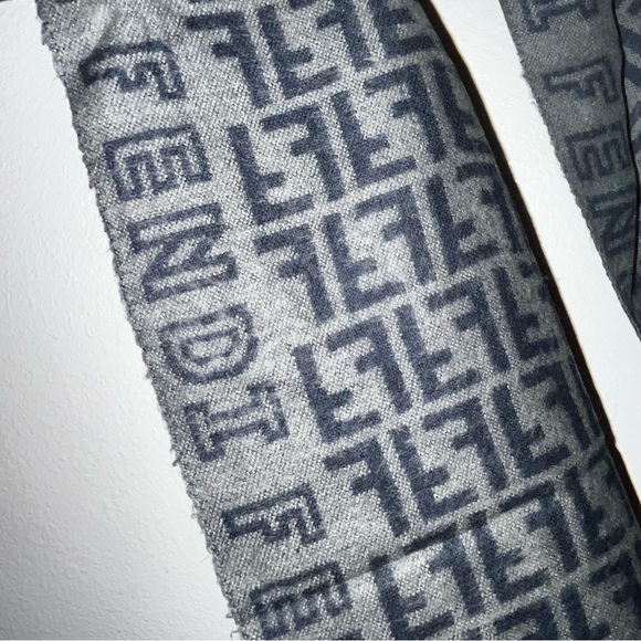 Fendi: Logo and Monogram Wool Tassel Scarf (Grey) - Picture 6 of 13